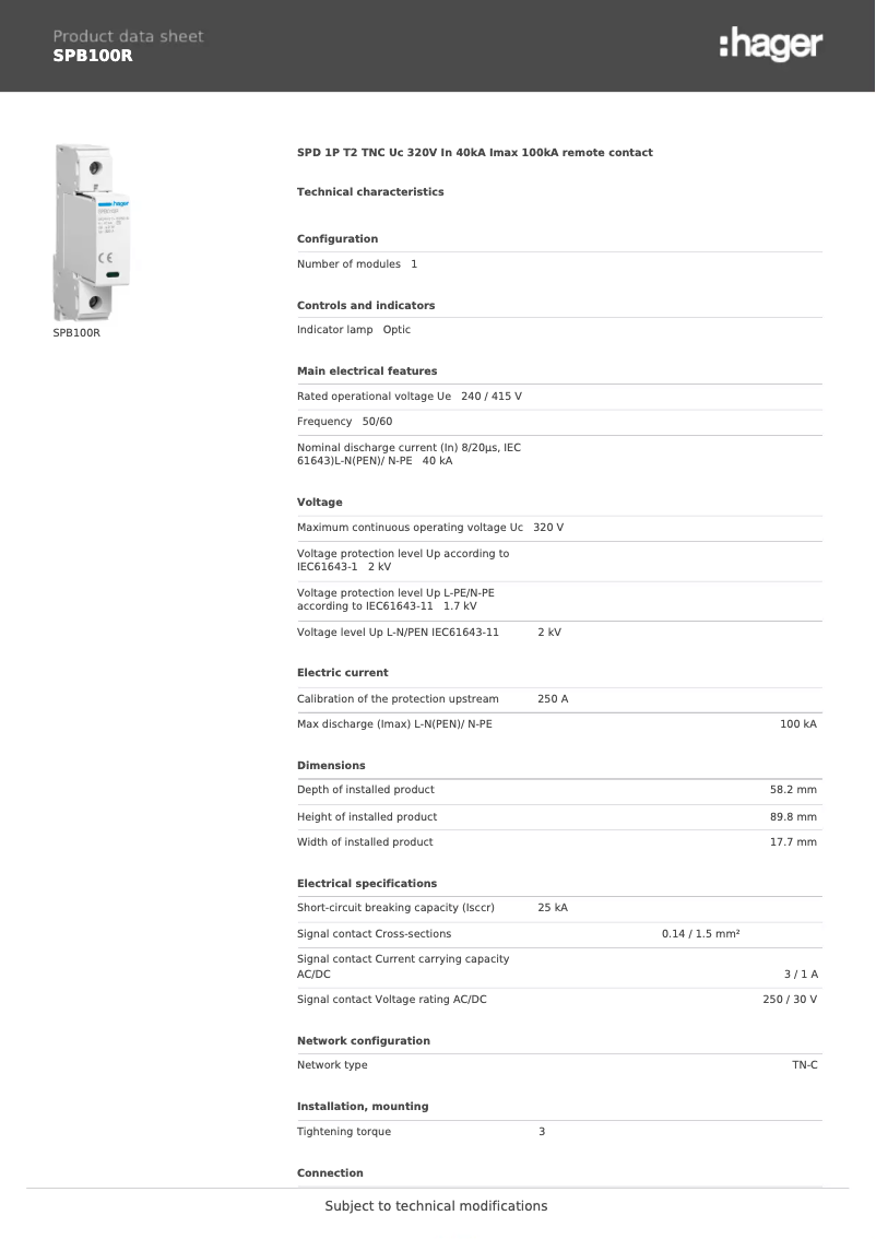 Page 1 of the manual Technical Sheet Hager SPB100R