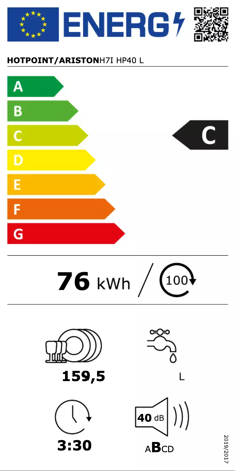 Page 1 of the manual Energy Label Hotpoint H7I HP40 L