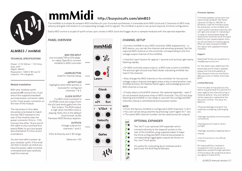 Page 1 of the manual User Manual ALM mmMidi