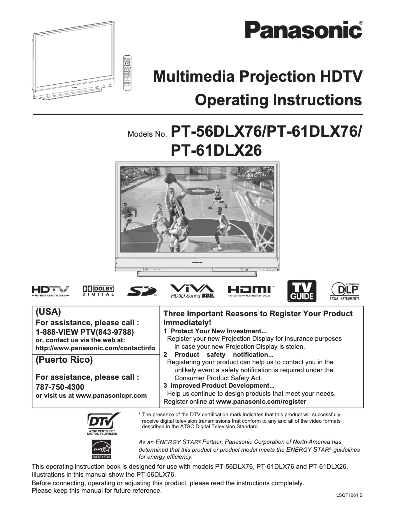 Page 1 of the manual User Manual Panasonic PT-56DLX76