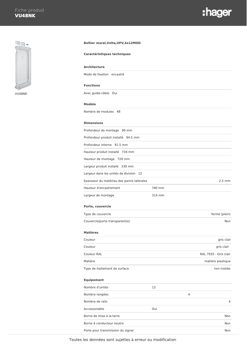 Page 1 of the manual Technical Sheet Hager VU48NK