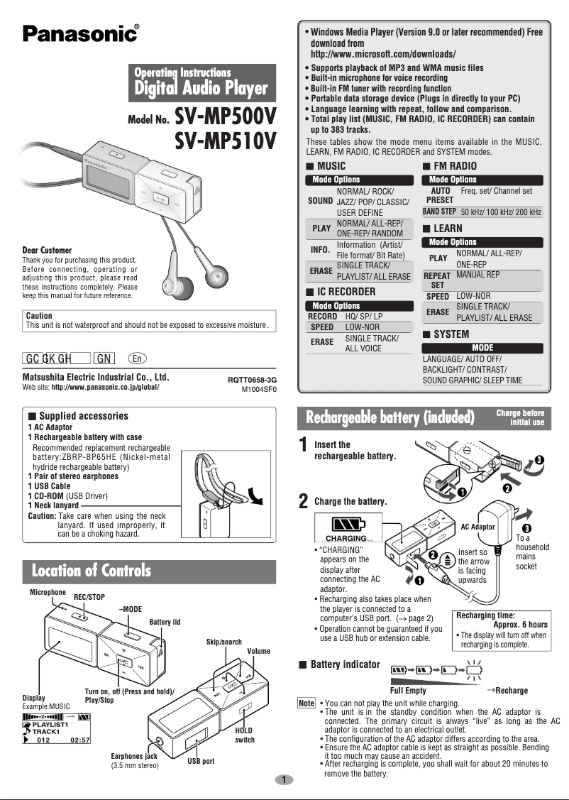 Page 1 of the manual User Manual Panasonic SV-MP510V