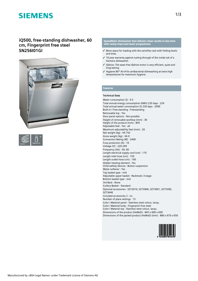 Page 1 of the manual Technical Sheet Siemens SN256I01GI