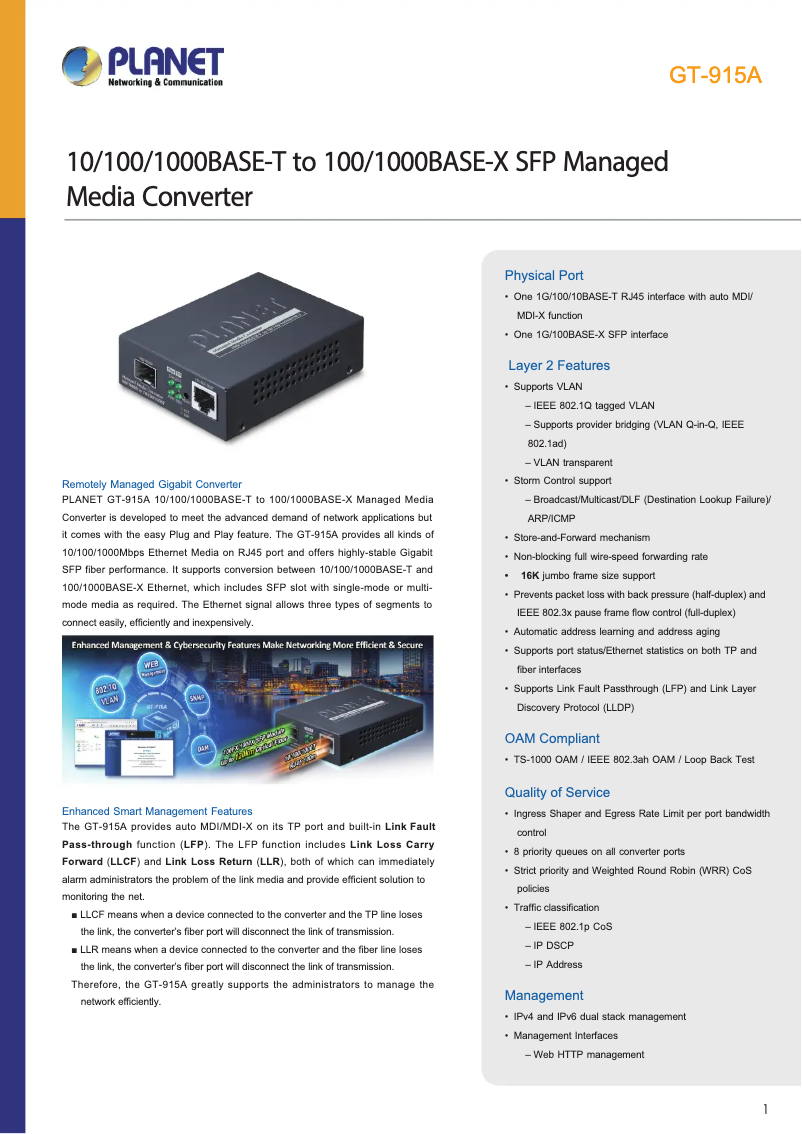 Page 1 of the manual Technical Sheet Planet GT-915A