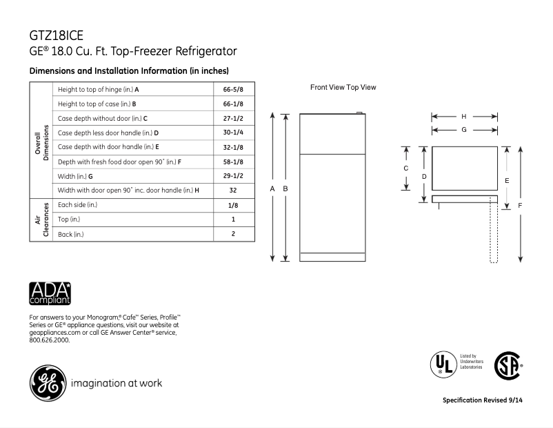 Page 1 of the manual Technical Sheet GE GTZ18ICESS