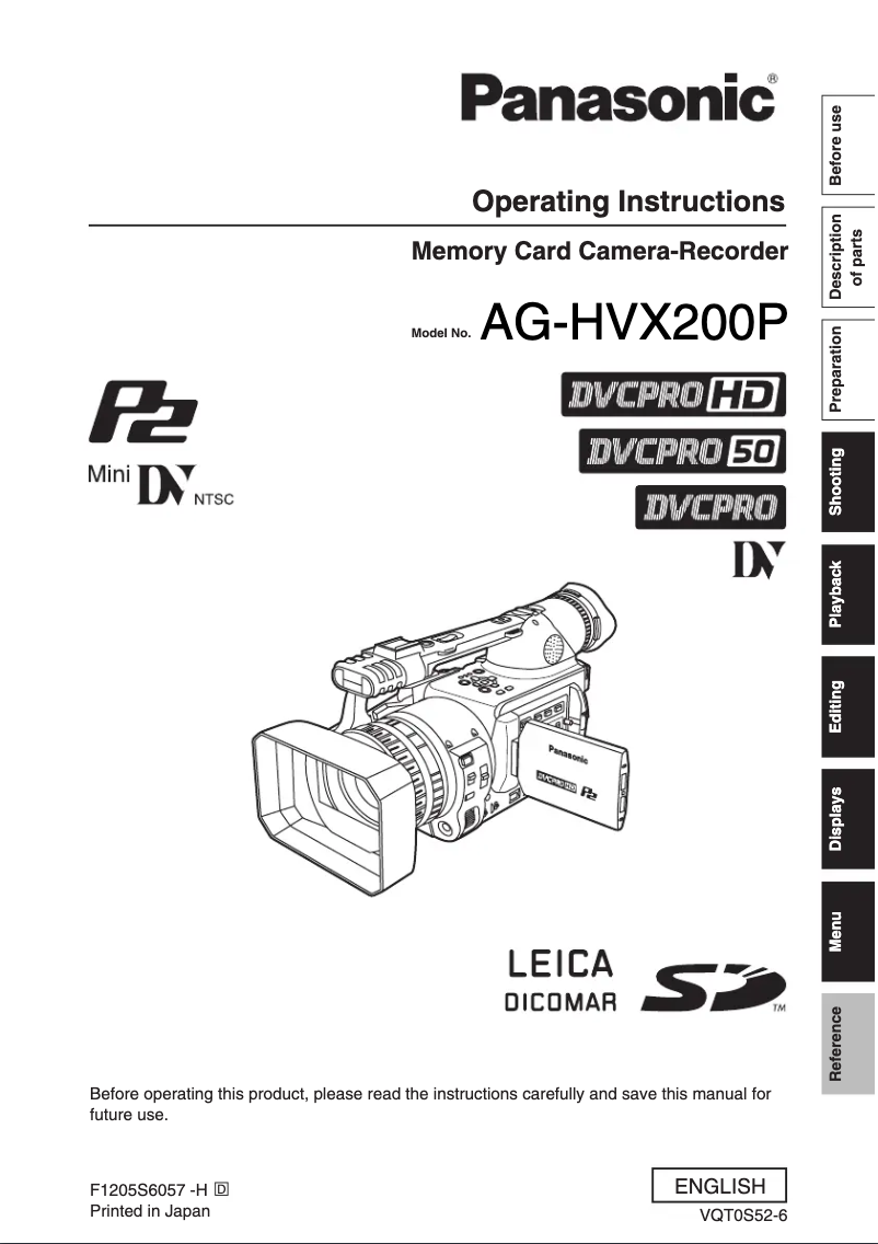 First page image of the manual for AG-HVX200