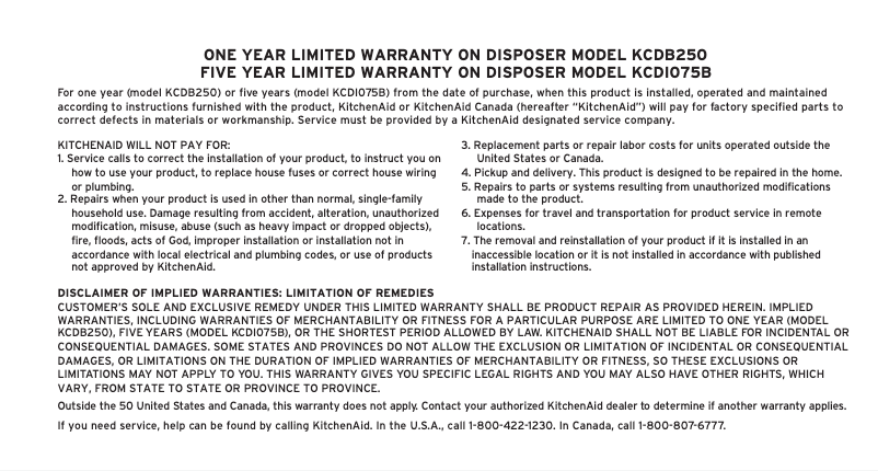 Page 1 of the manual Warranty Information KitchenAid KCDI075B