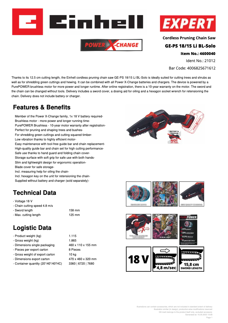 Page 1 of the manual Technical Sheet Einhell GE-PS 18/15 Li BL