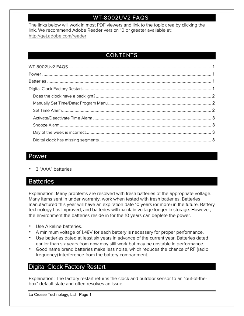 Page 1 of the manual FAQ La Crosse Technology WT-8002UV2