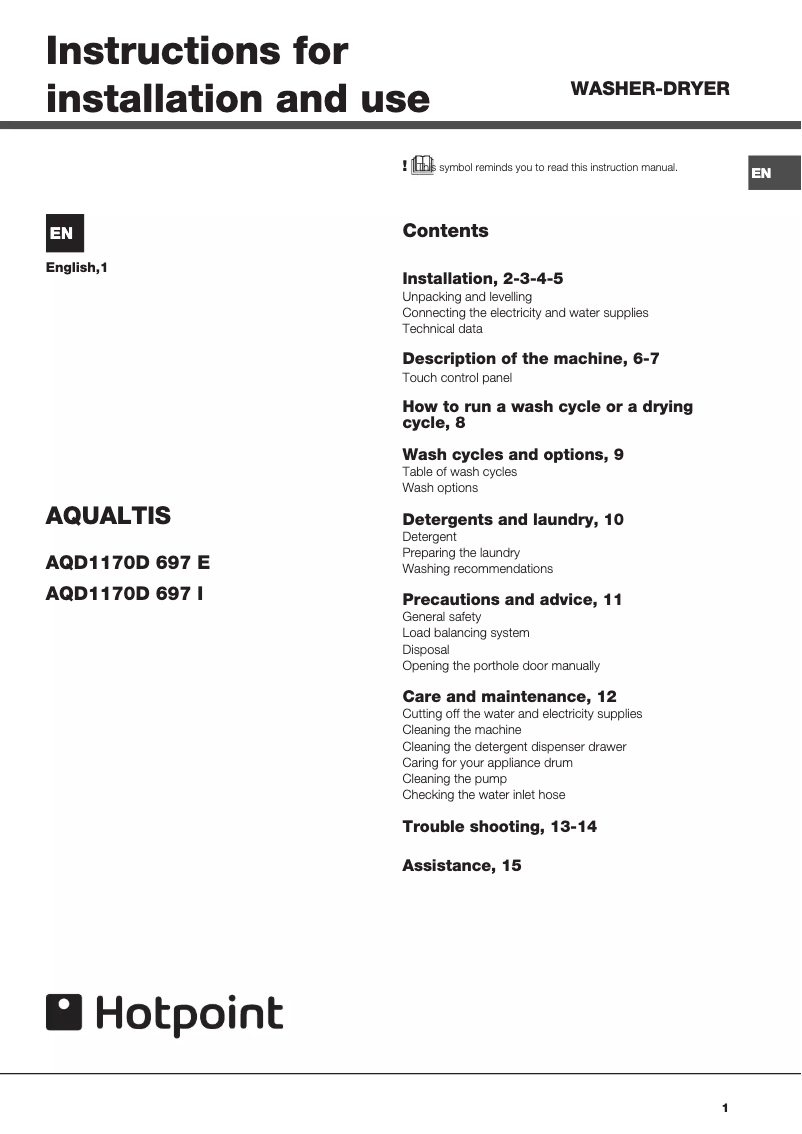 First page image of the manual for Aqualtis AQD1170D 697 E