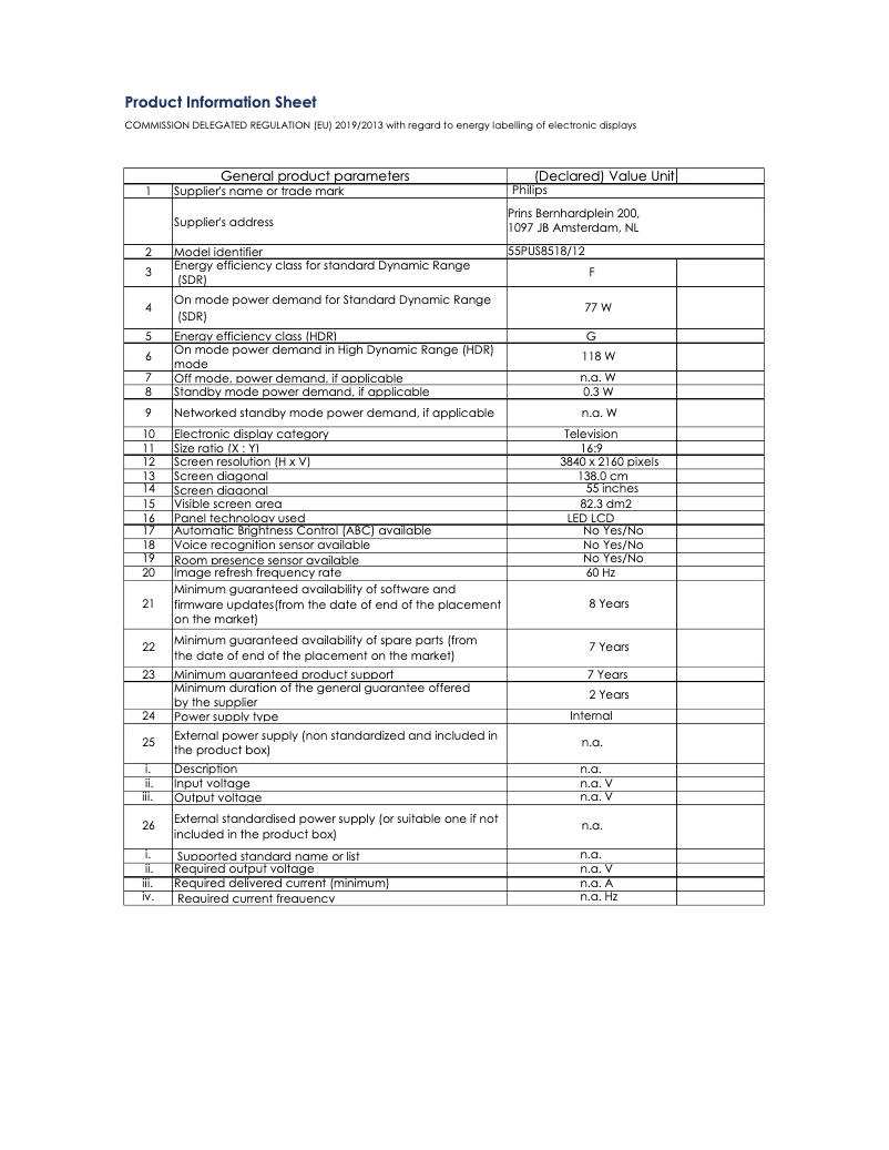 Page 1 of the manual Technical Sheet Philips 55PUS8518