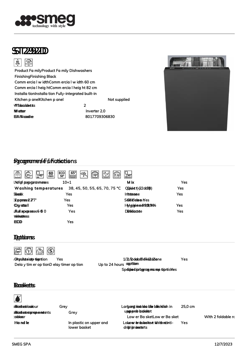 Page 1 of the manual Technical Sheet Smeg ST292D
