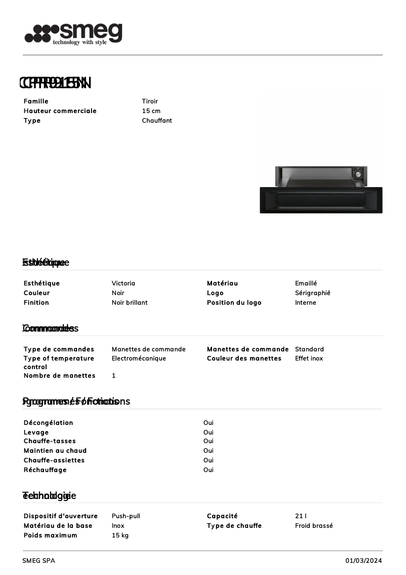 Page 1 de la notice Fiche technique Smeg CPR915N