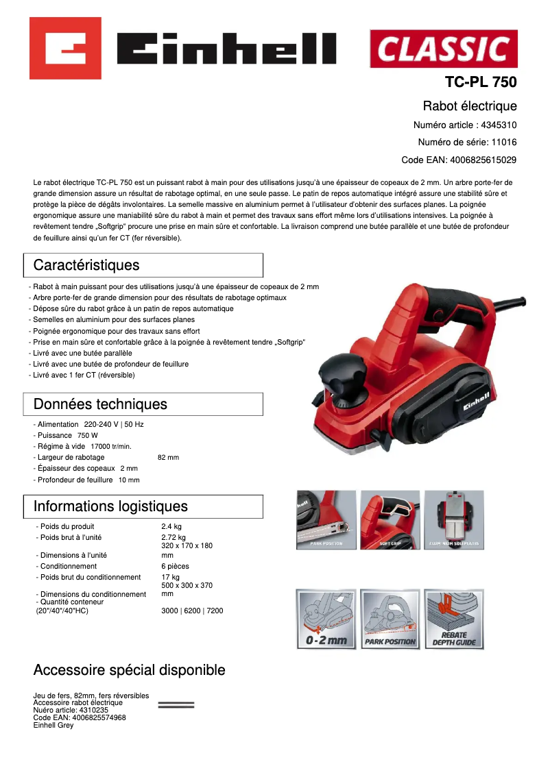 Page 1 of the manual Technical Sheet Einhell TC-PL 750