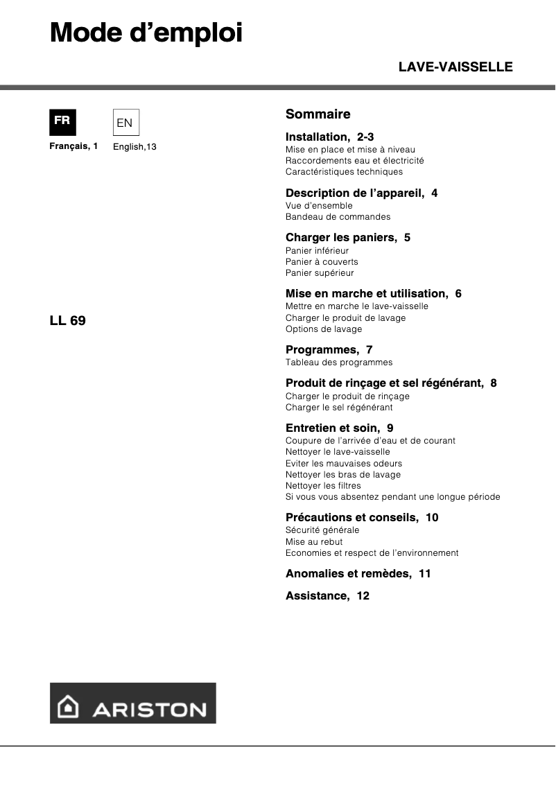 Page 1 of the manual User Manual Hotpoint Ariston LL 69 X