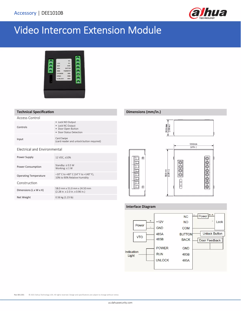 Page 1 of the manual Technical Sheet Dahua Technology DEE1010B