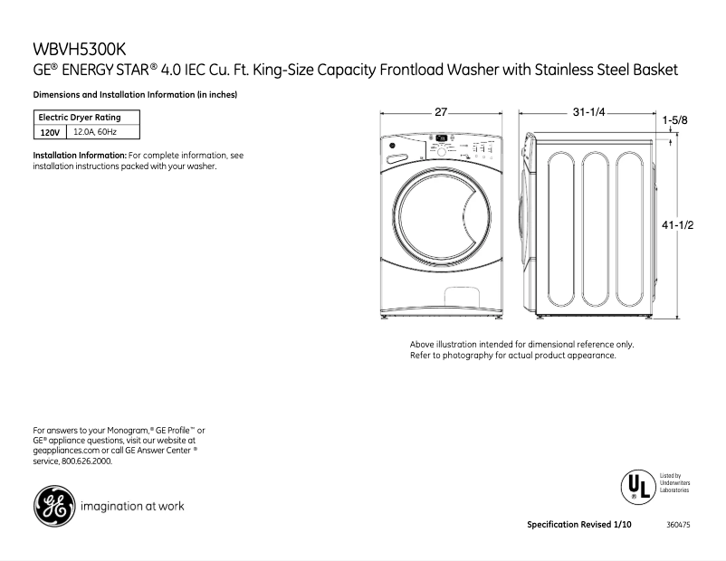 Page 1 of the manual Technical Sheet GE WBVH5300KWW