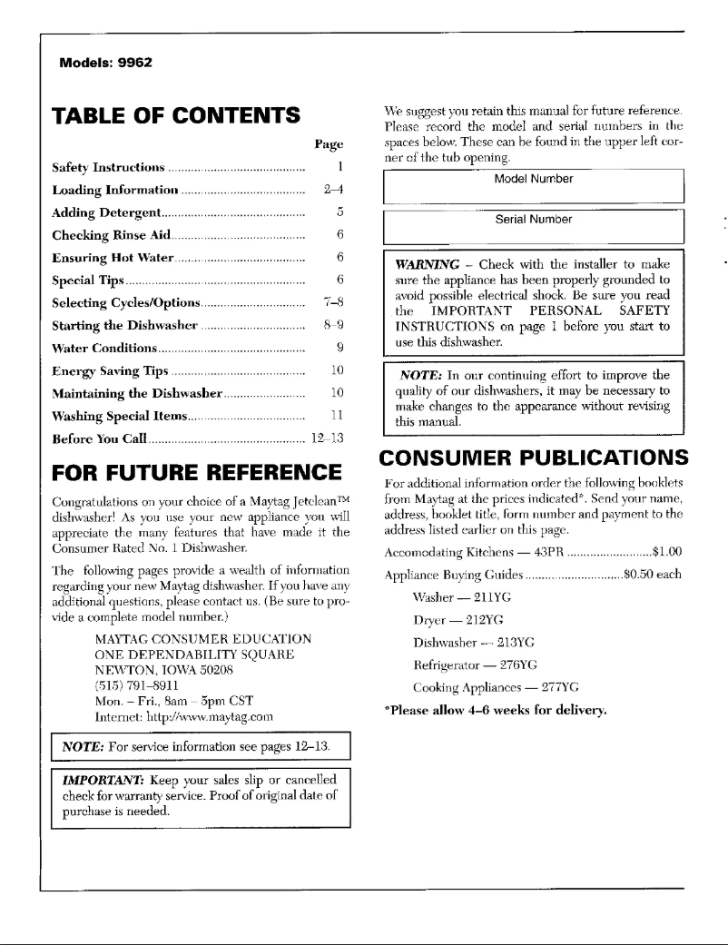 Page 1 of the manual User Manual Maytag 9962