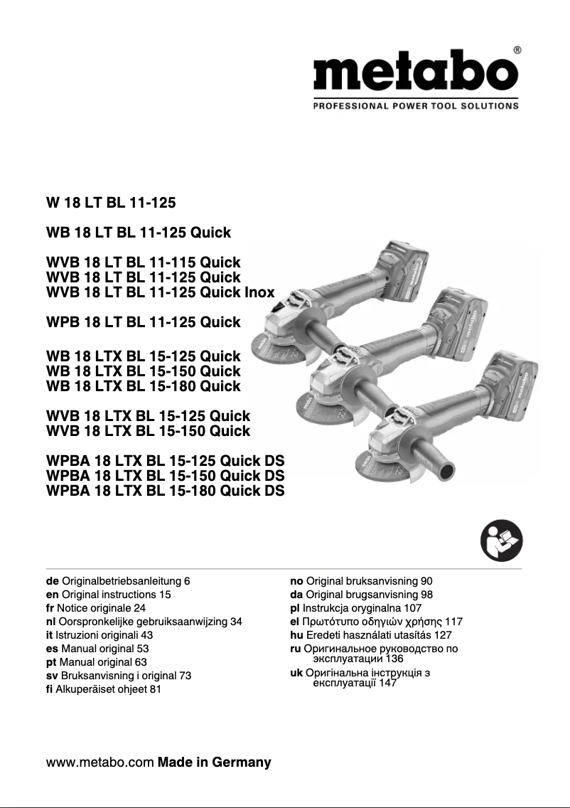Page 1 of the manual User Manual Metabo WPBA 18 LTX BL 15-180 Quick DS