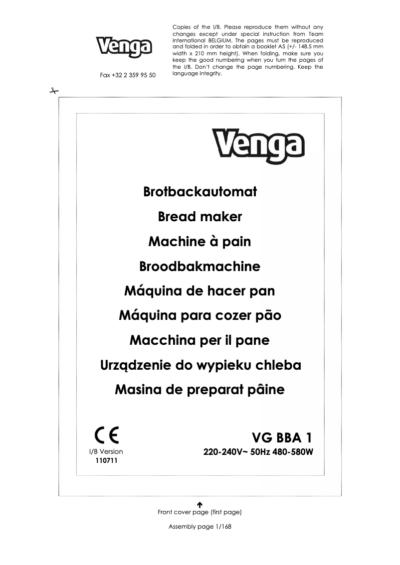 First page image of the manual for VG BBA 1