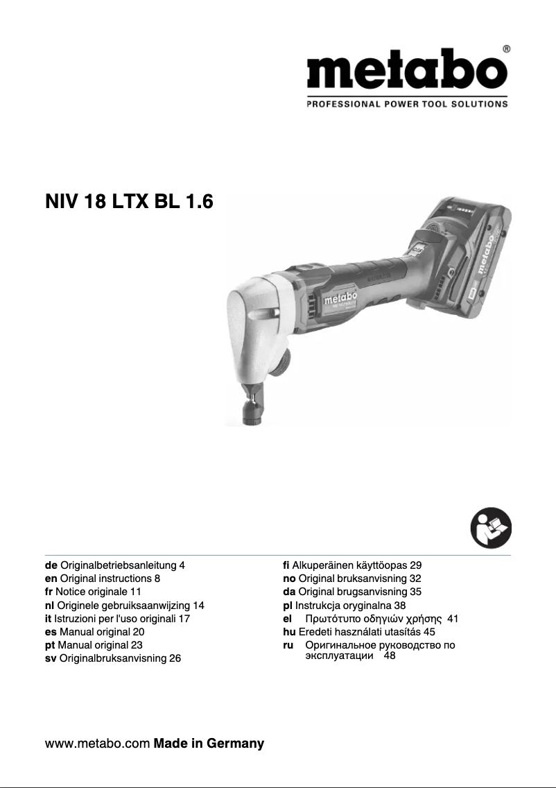 Page 1 of the manual User Manual Metabo NIV 18 LTX BL 1.6