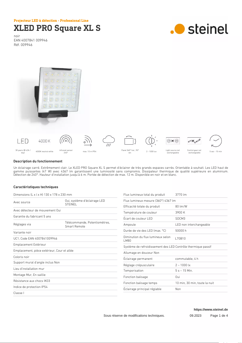 Page 1 of the manual Technical Sheet Steinel XLED PRO Square XL S