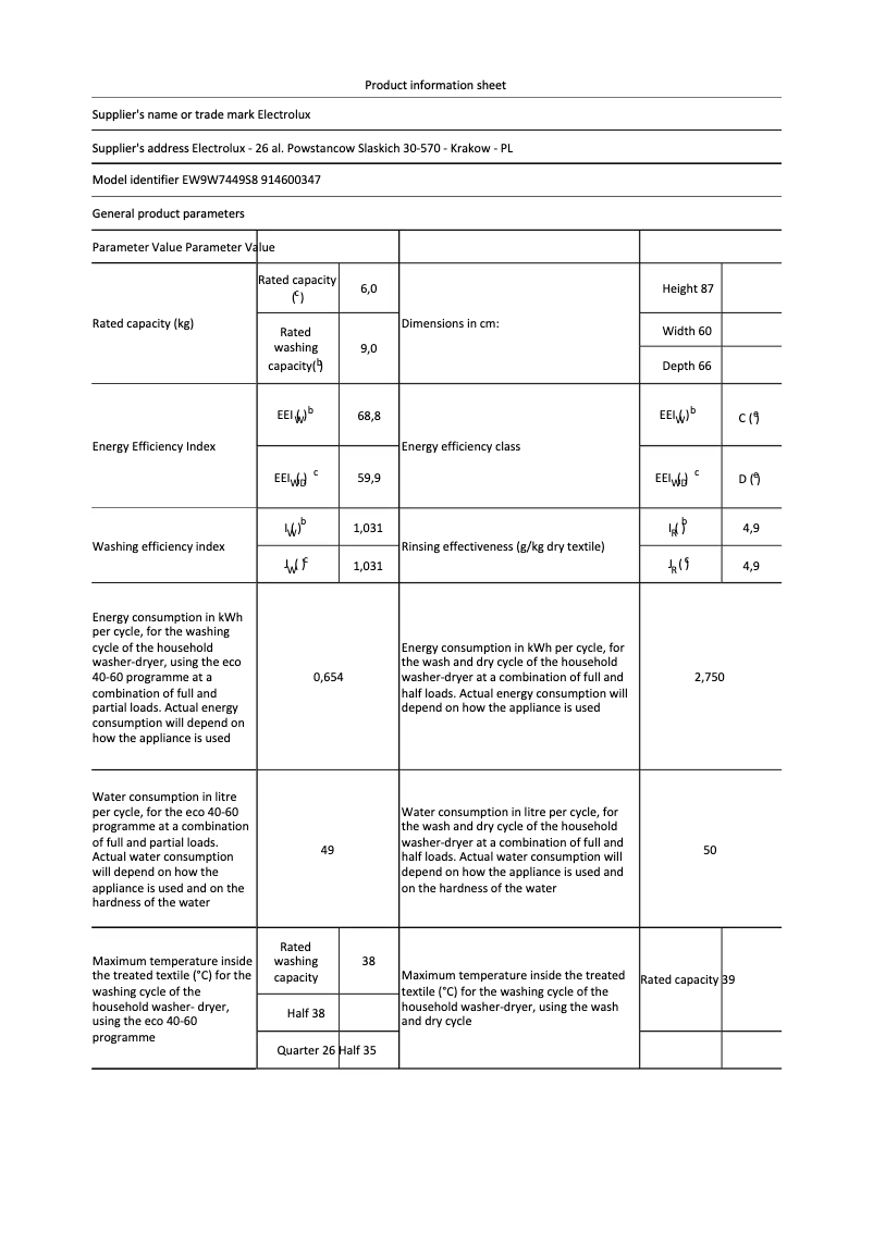 Page 1 of the manual Technical Sheet Electrolux EW9W7449S8