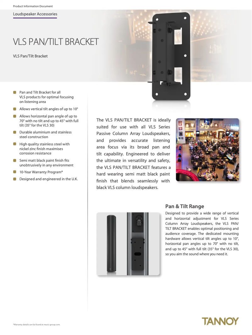 Page 1 of the manual Technical Sheet Tannoy VLS Pan/Tilt Bracket