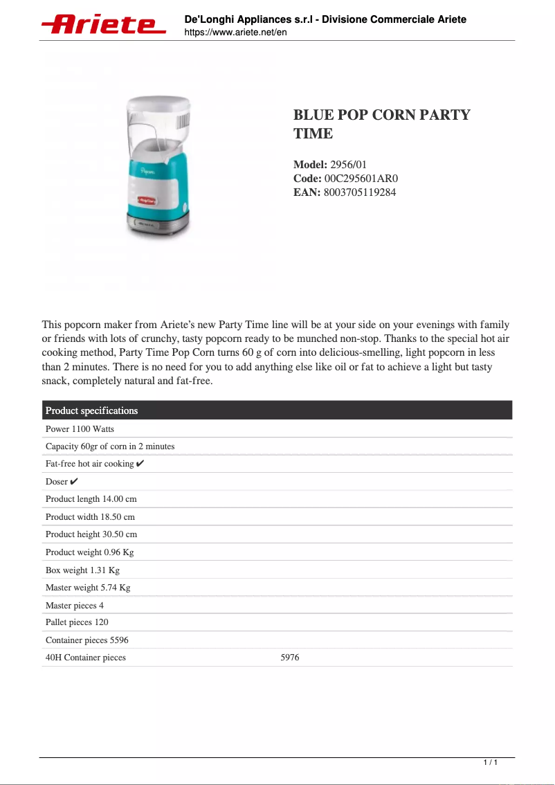 First page image of the manual for Pop Corn Party Time 2956