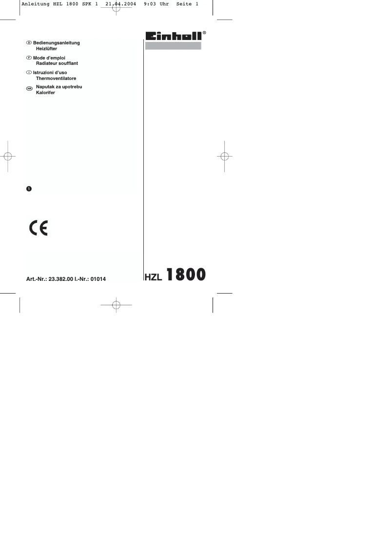 Page 1 de la notice Manuel utilisateur Einhell HZL 1800