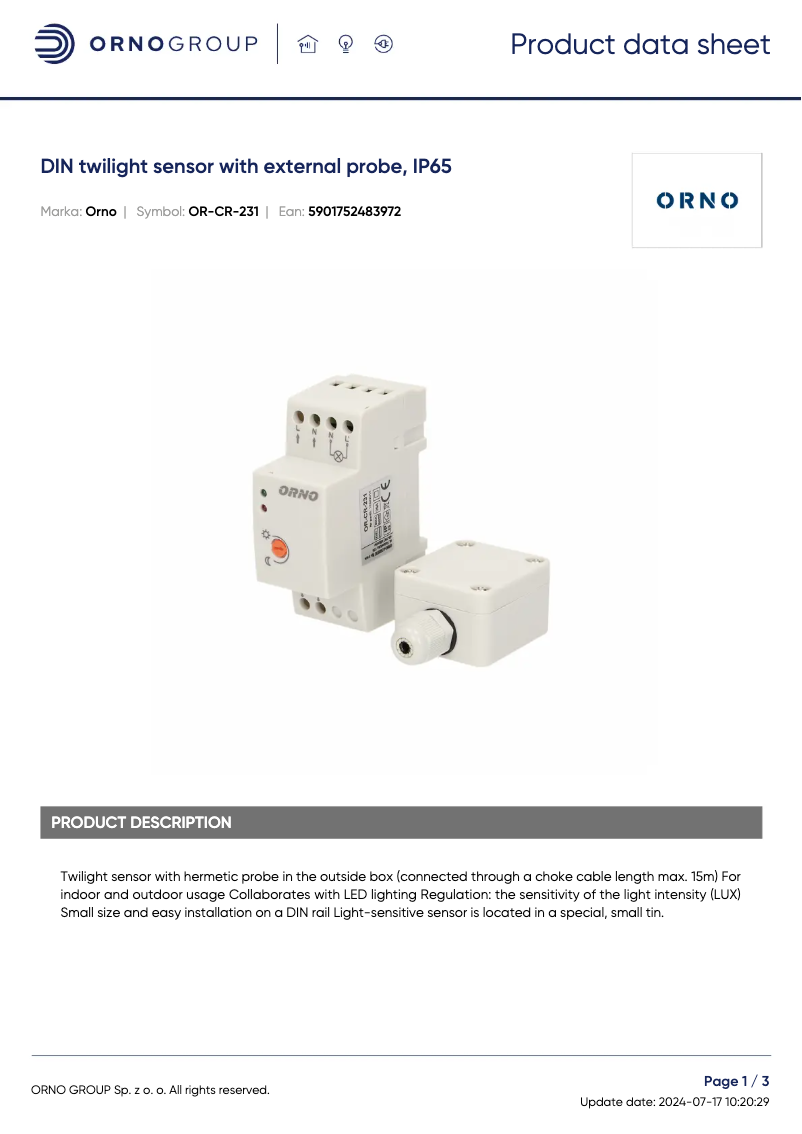 Page 1 of the manual Technical Sheet ORNO OR-CR-231