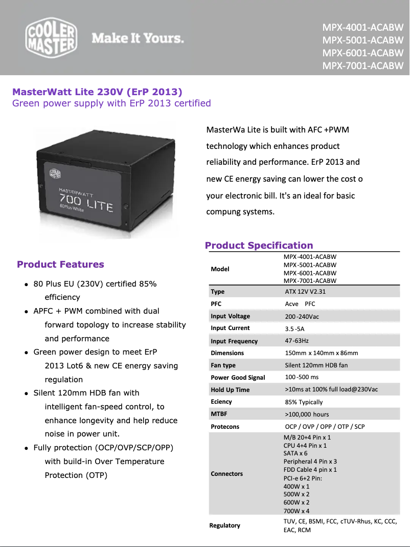 Page 1 of the manual Technical Sheet Cooler Master MasterWatt Lite 600W