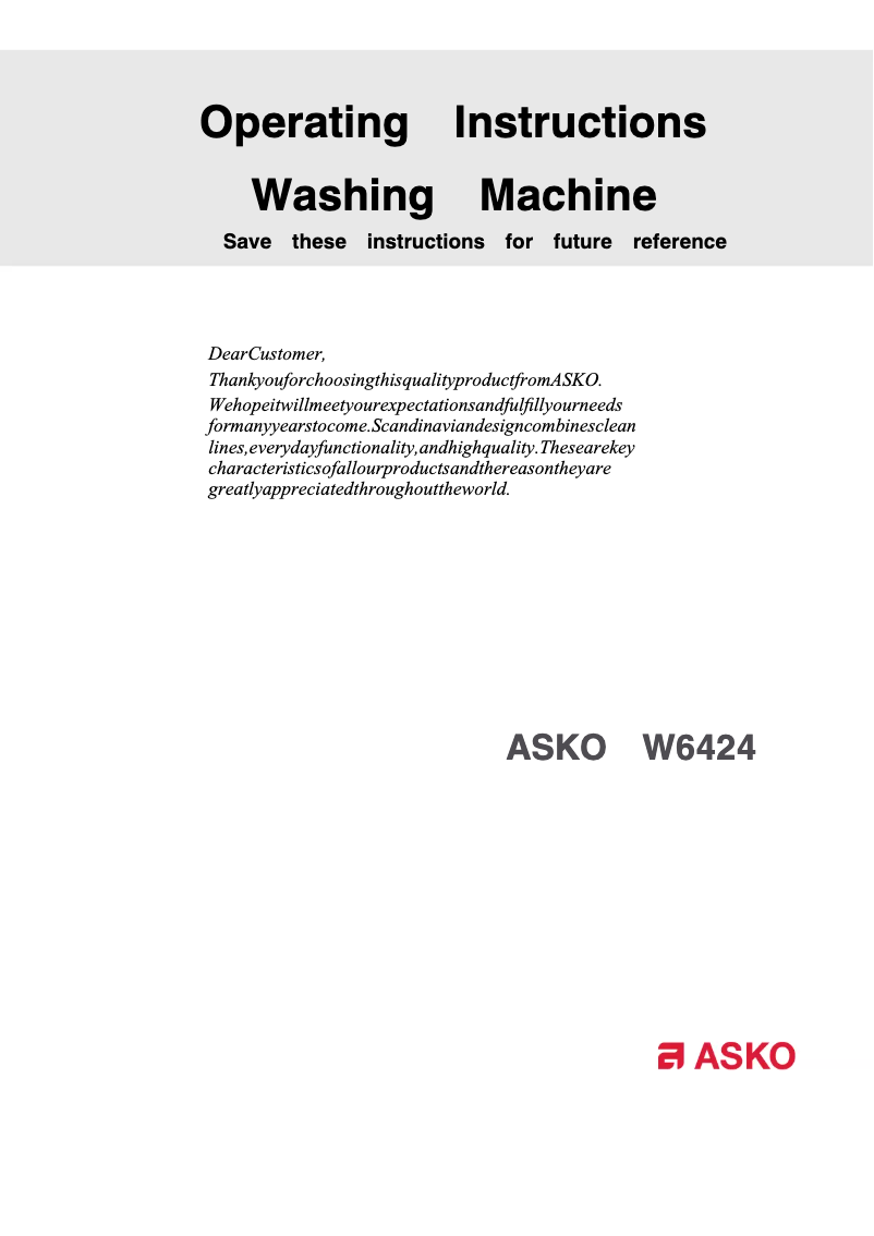 Page 1 of the manual User Manual Asko W6424T