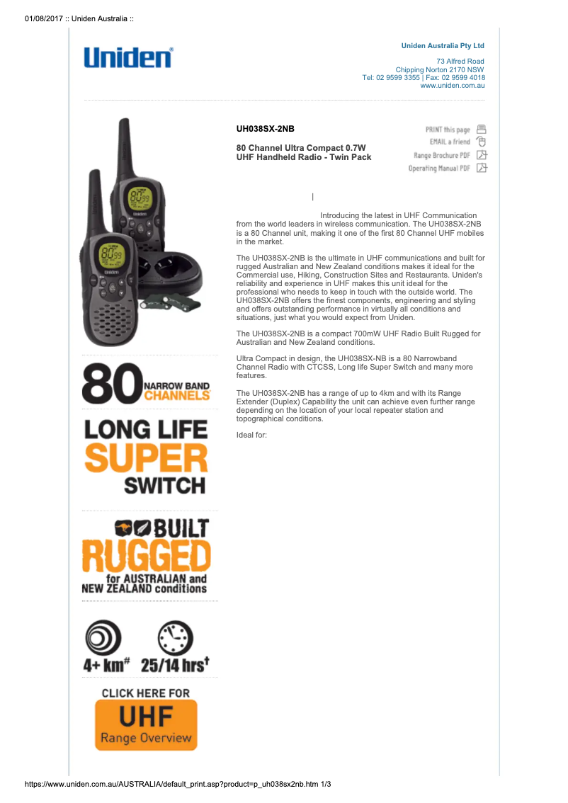 First page image of the manual for UH038SX-2NB