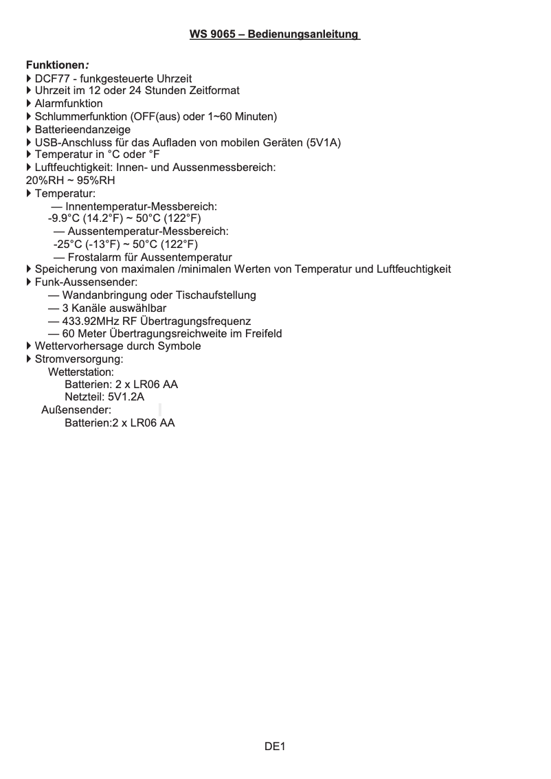 Page 1 of the manual User Manual Techno Line WS9065