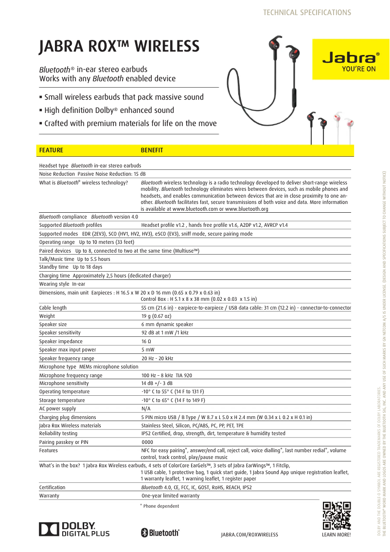 Page 1 of the manual Technical Sheet Jabra Rox Wireless