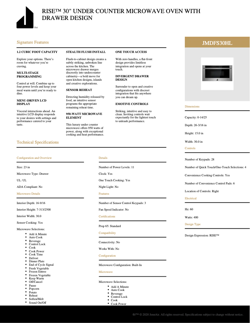 Page 1 of the manual Technical Sheet KitchenAid JMDFS30HL