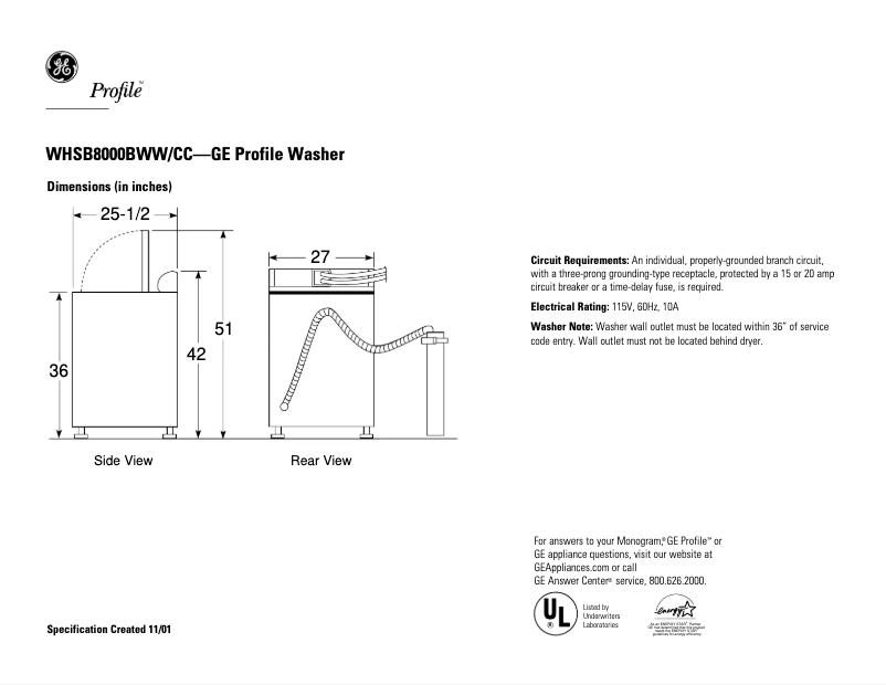 Page 1 of the manual Technical Sheet GE Profile WHSB8000BWW