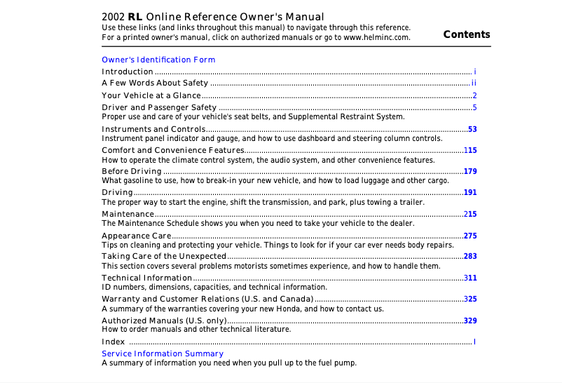 Page 1 of the manual User Manual Honda RL (2002)