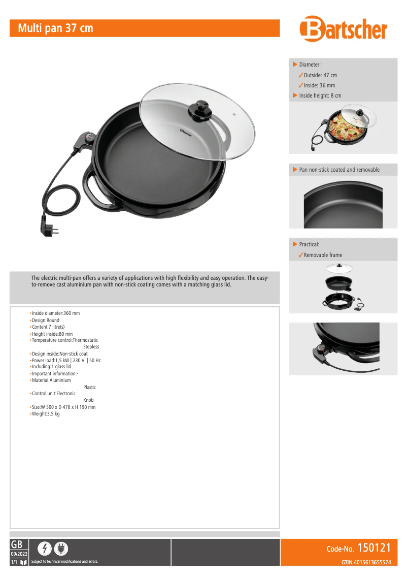 Page 1 of the manual Technical Sheet Bartscher 150121