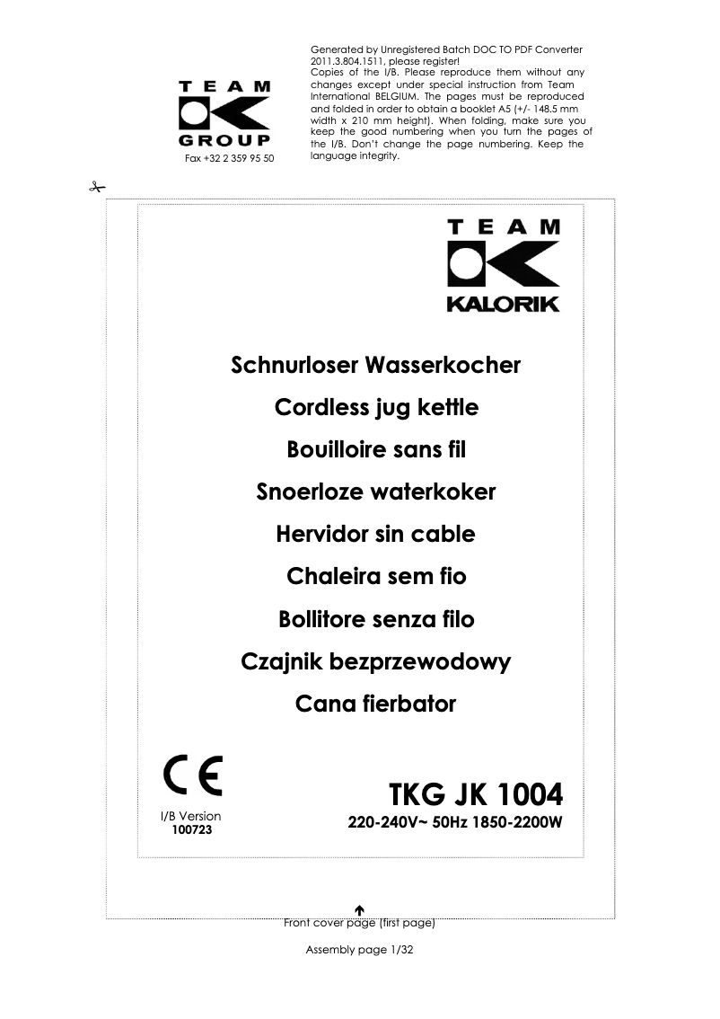Page 1 of the manual User Manual Kalorik TKG JK 1004