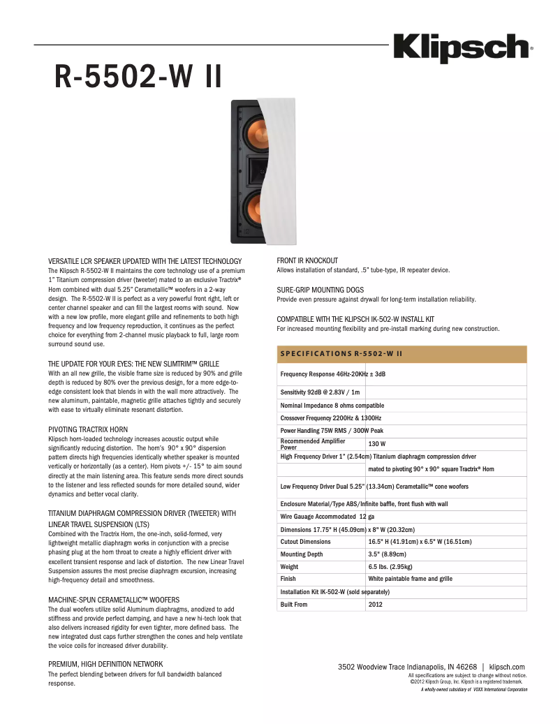 Page 1 of the manual Technical Sheet Klipsch Reference R-5502-W II