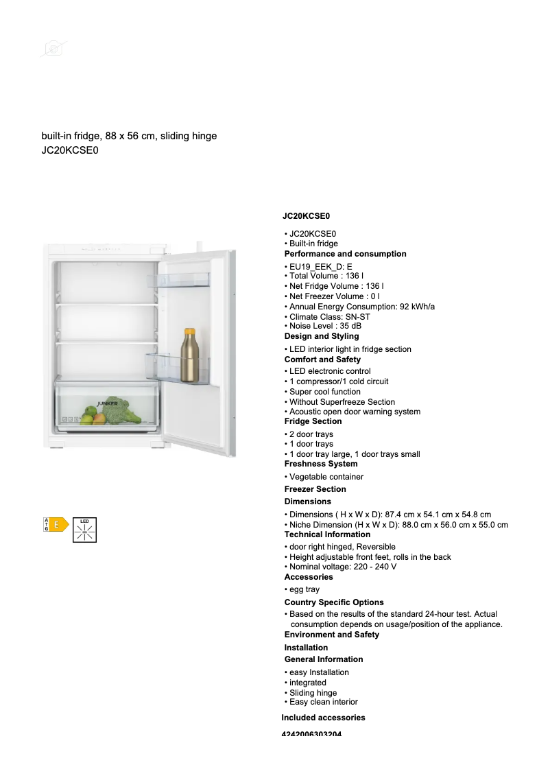 Page 1 of the manual Technical Sheet Junker JC20KCSE0