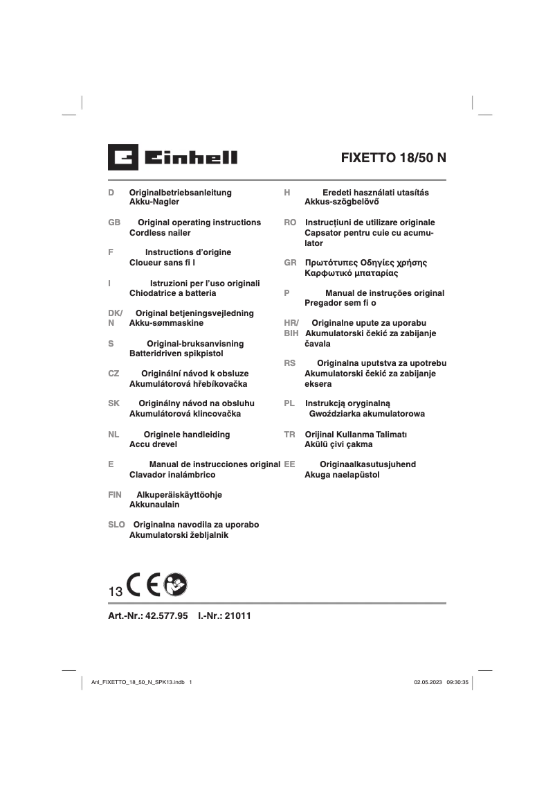 Page 1 of the manual User Manual Einhell FIXETTO 18/50 N