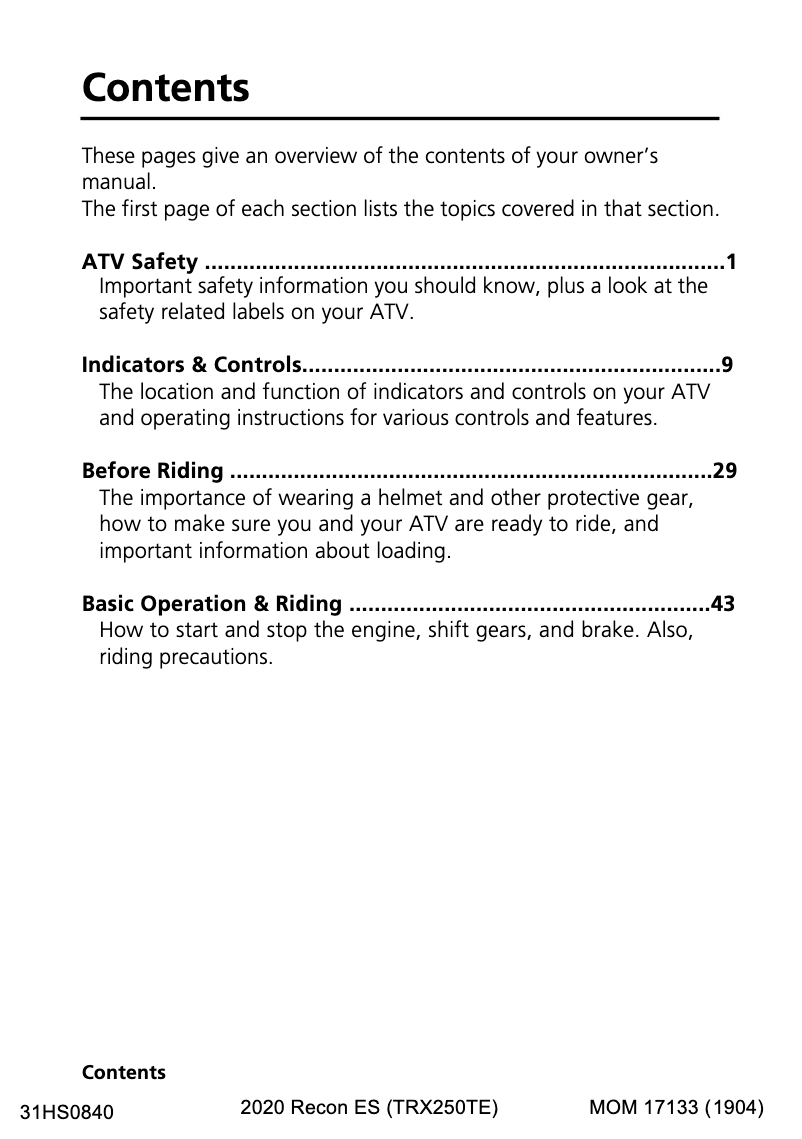 Page 1 of the manual User Manual Honda Recon ES (2020)