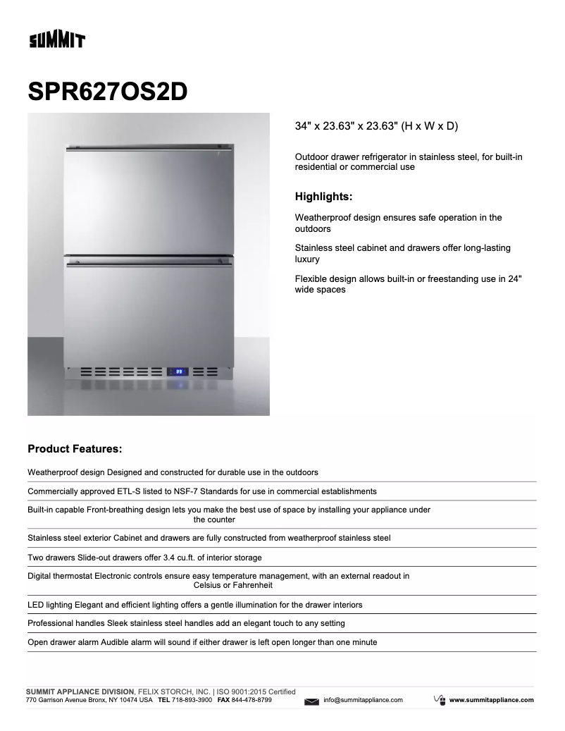 Page 1 of the manual Technical Sheet Summit SPR627OS2D