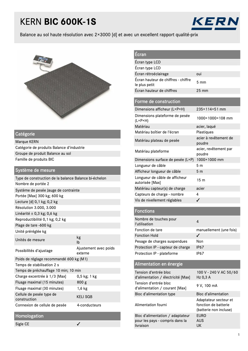 Page 1 of the manual Technical Sheet Kern BIC 600K-1S