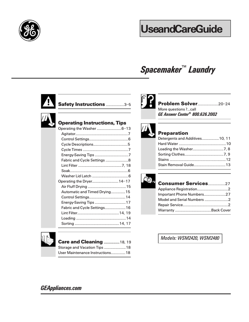 Page 1 of the manual Use and Maintenance Manual GE WSM2420TAA