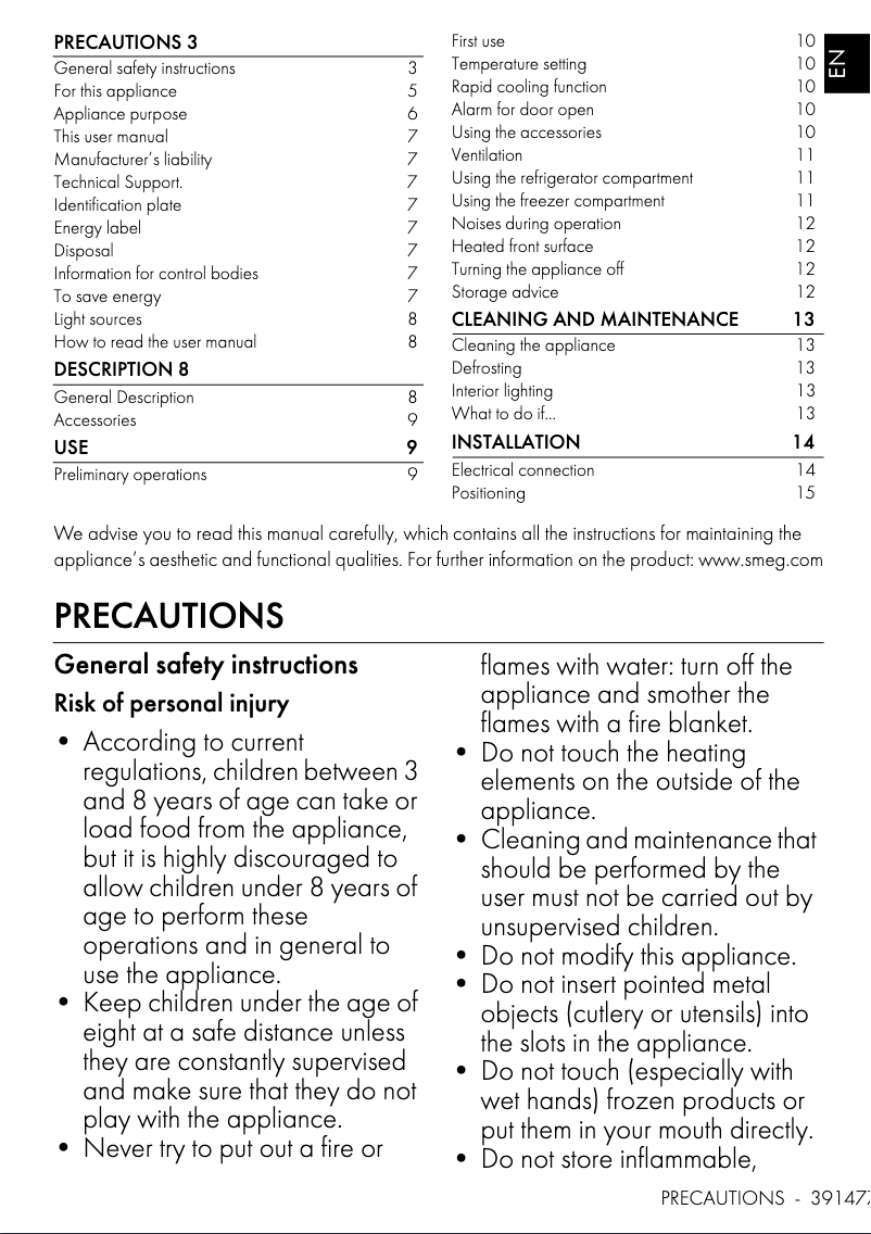 Page 1 of the manual User Manual Smeg FAB28LBL5AU