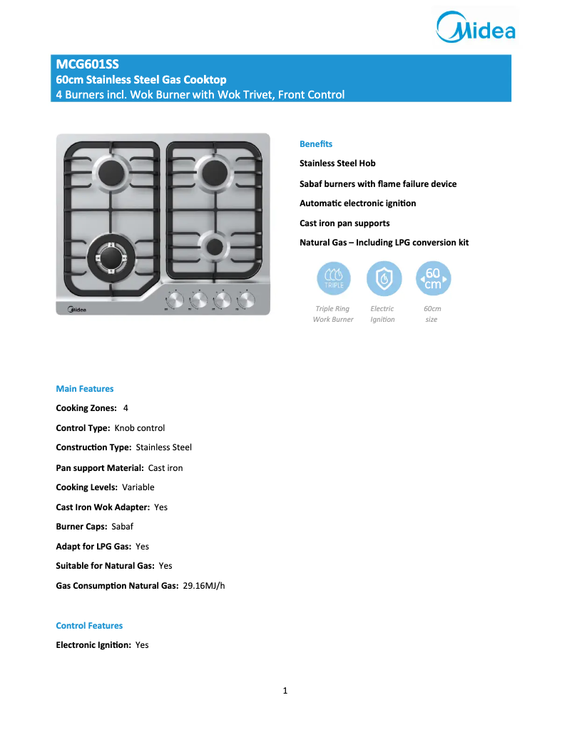 Page 1 of the manual Technical Sheet Midea MCG601SS